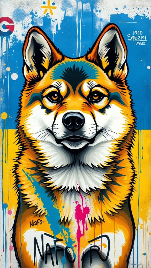 NAFO Fella Female Shiba Inu in Vibrant Ukrainian Street Art