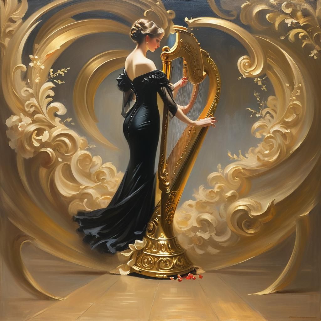 Lady Playing Harp on Stage, in Oil Painting Style