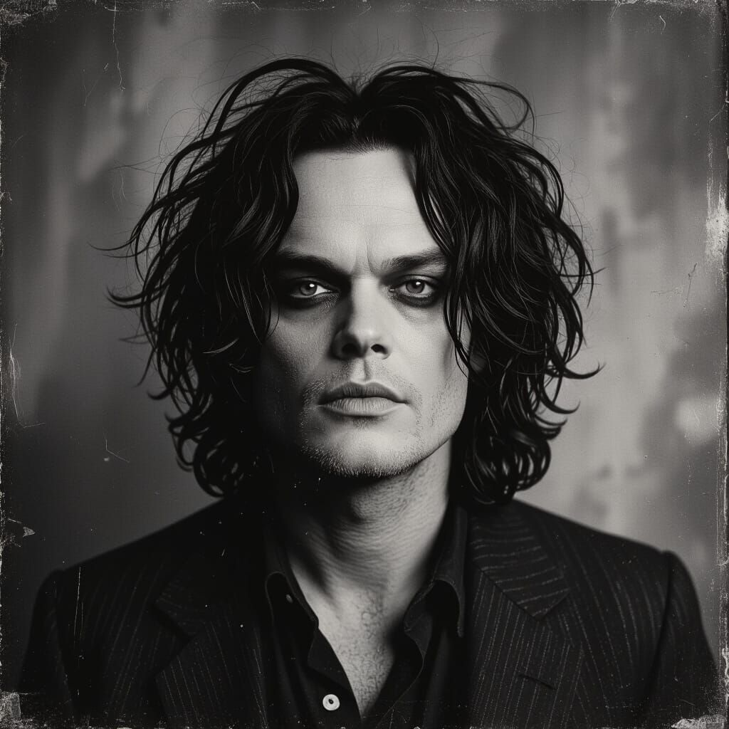 Antique Photograph of Ville Valo in Grayscale Glitch Style