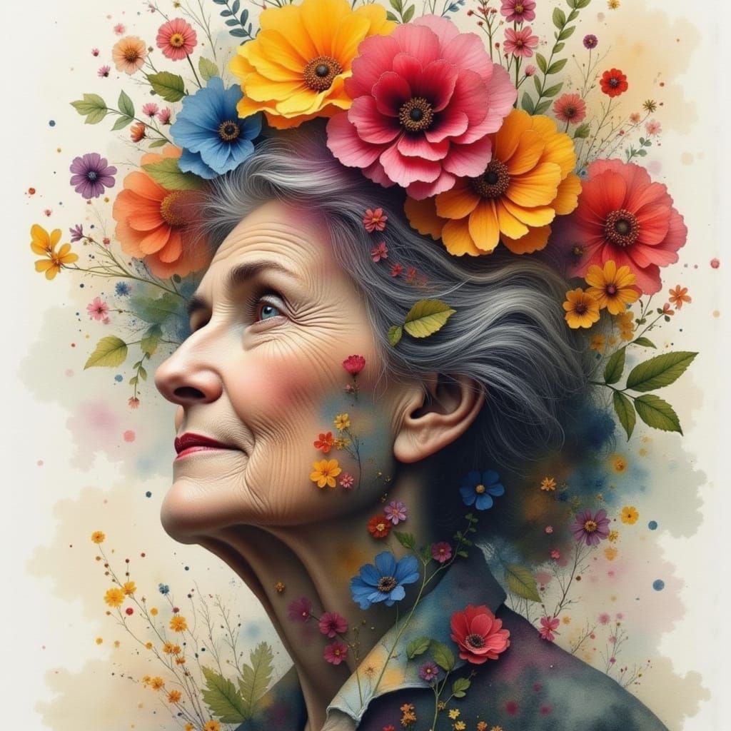 Elderly Woman's Face Blooms with Flowers in Surreal Watercol...