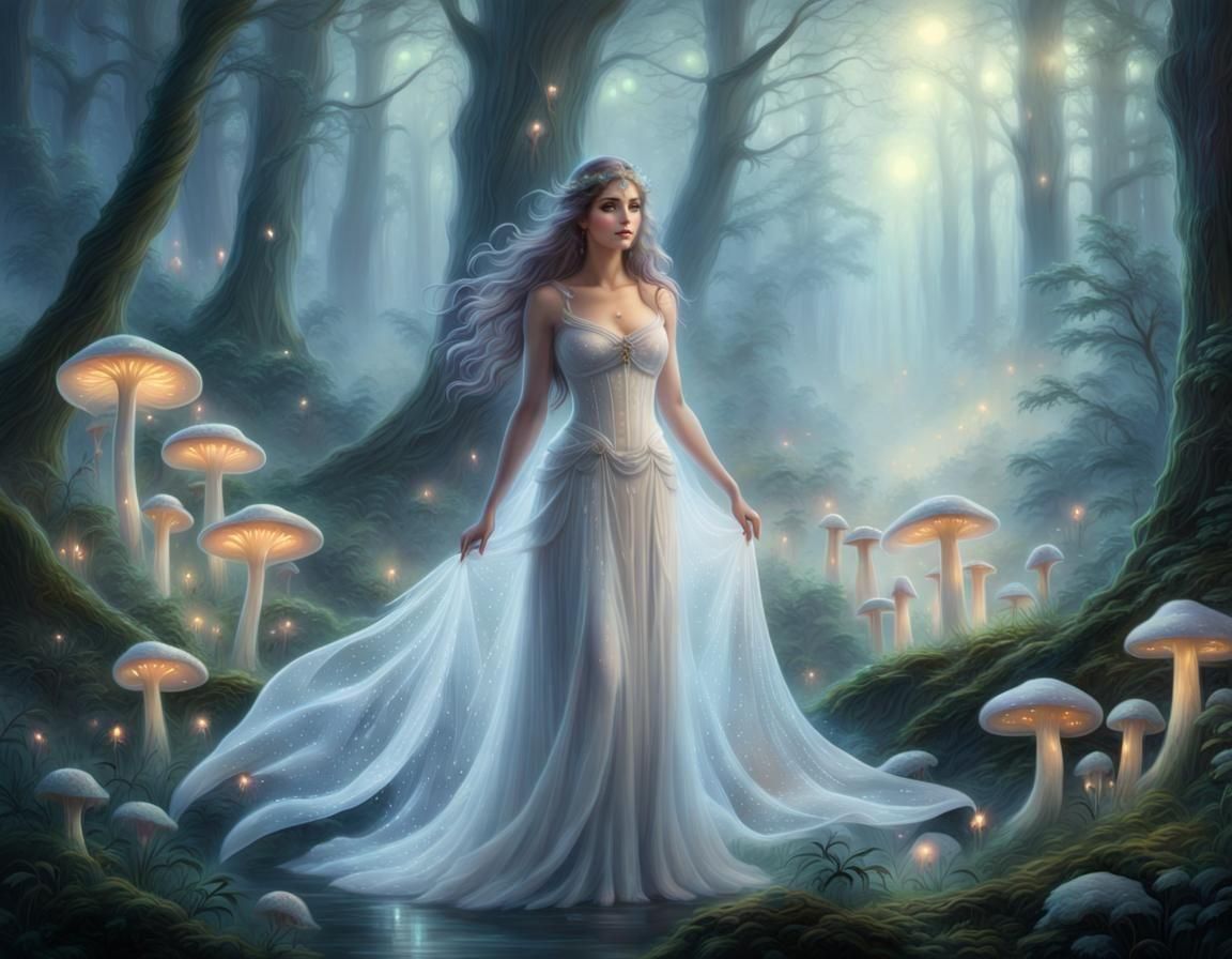 Ethereal Goddess in Misty Fantasy Landscape