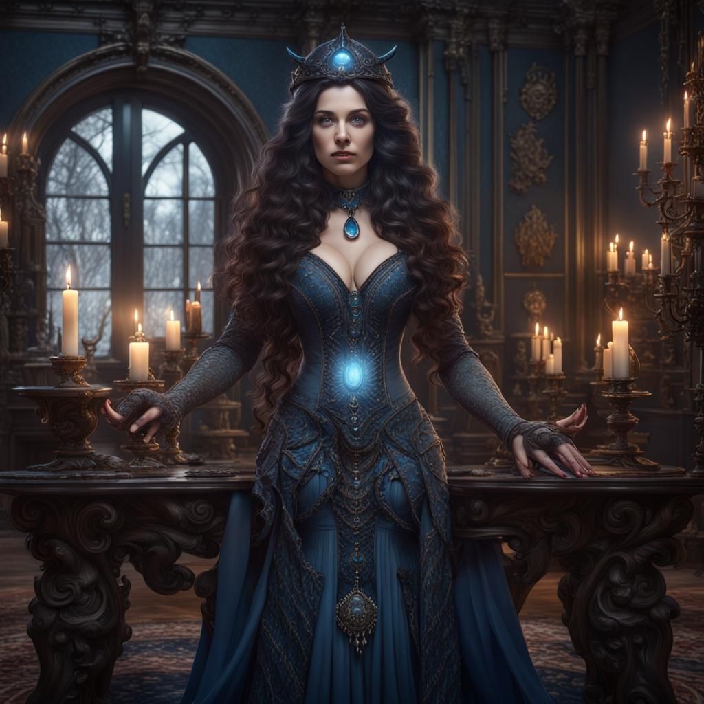 Winter Sorceress Conjuring Creatures in Victorian Setting