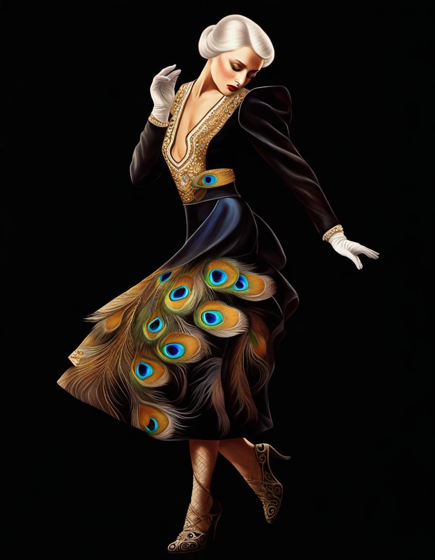 Elegant Peacock Art Deco Portrait in Tamara Lempicka Style