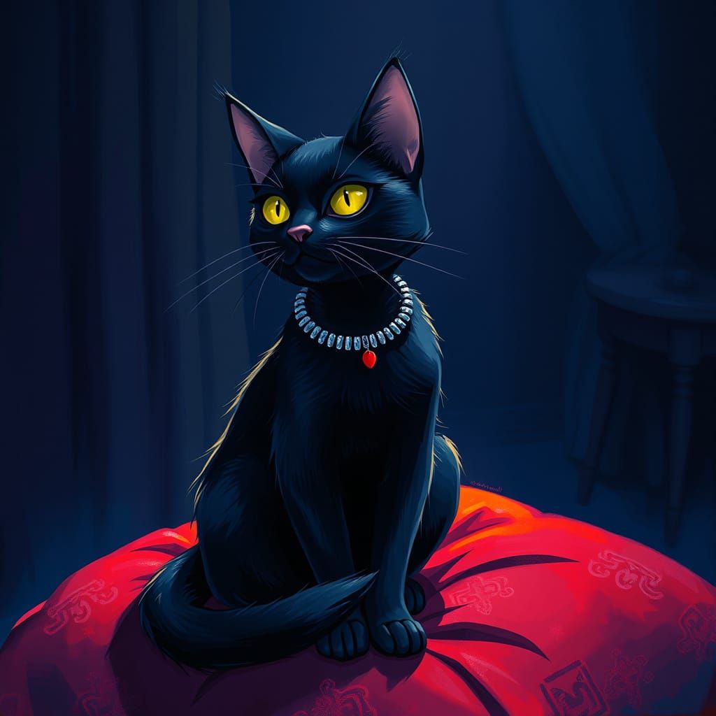 Mysterious Black Cat on Velvet Cushion, Digital Art