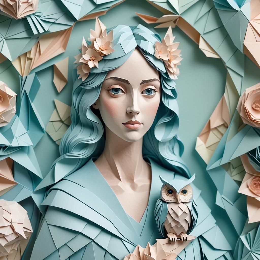 Papercraft Lady with Owl in Origami Art Style