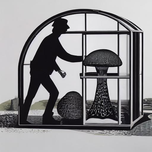 Fly Agaric Mushrooms in Glass Case: Linocut Art