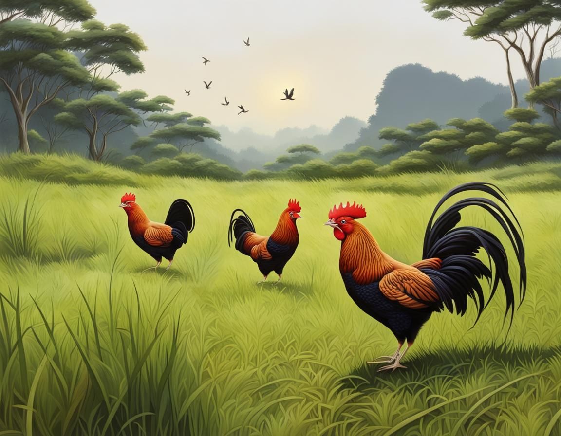 Red Junglefowl in Lush Jungle Landscape