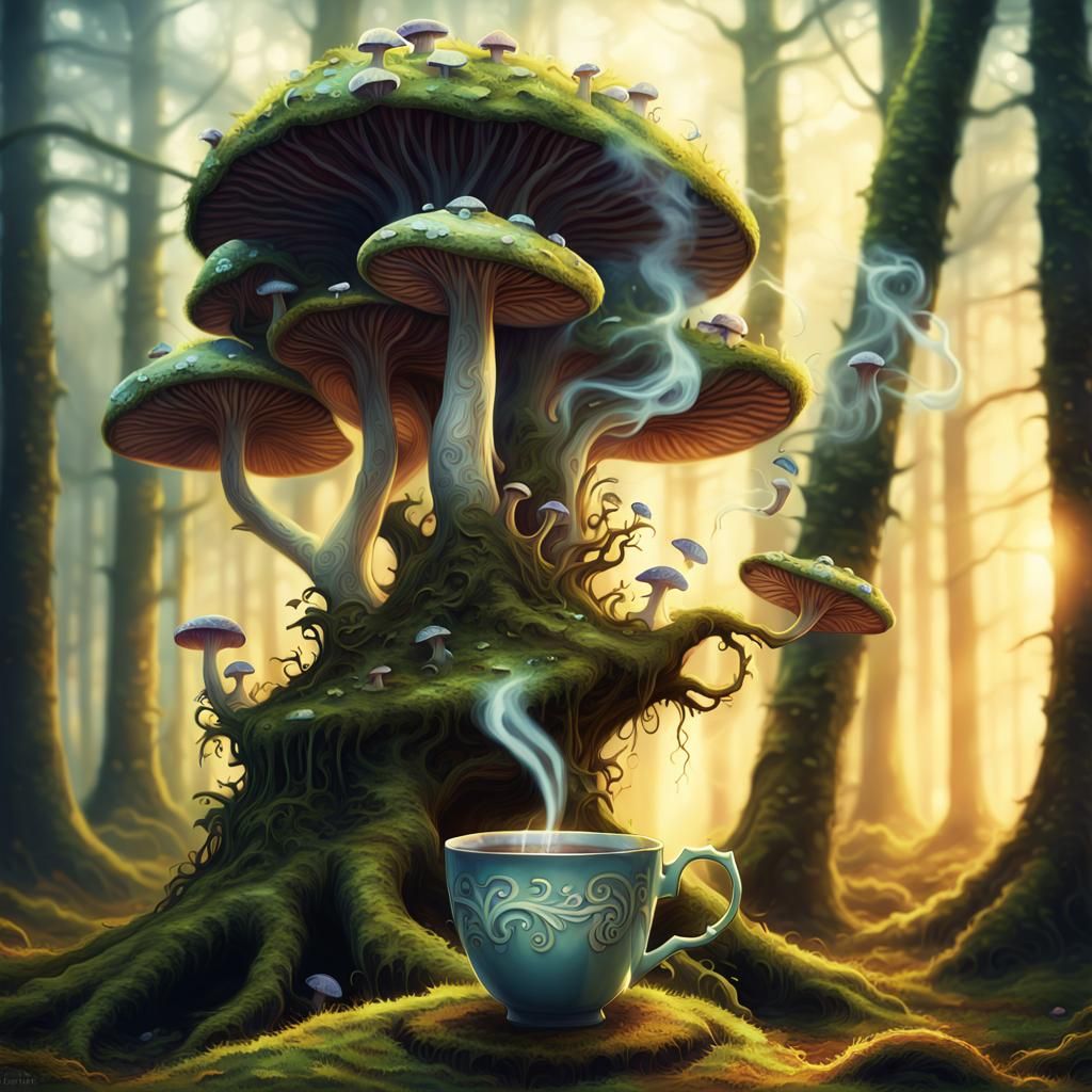 Enchanting Tea Cup in Forest, Digital Illustration