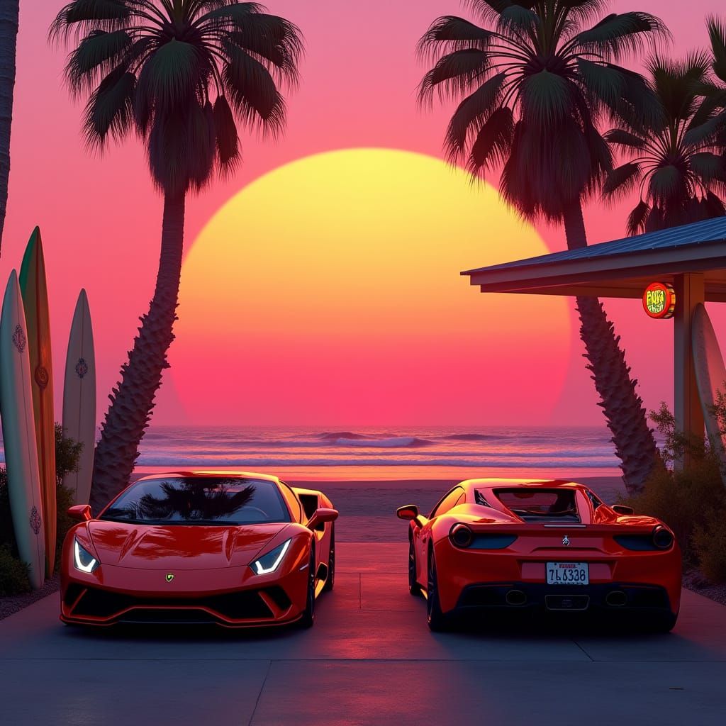 LA Sunset: Lamborghini, Ferrari, and Surf Nostalgia