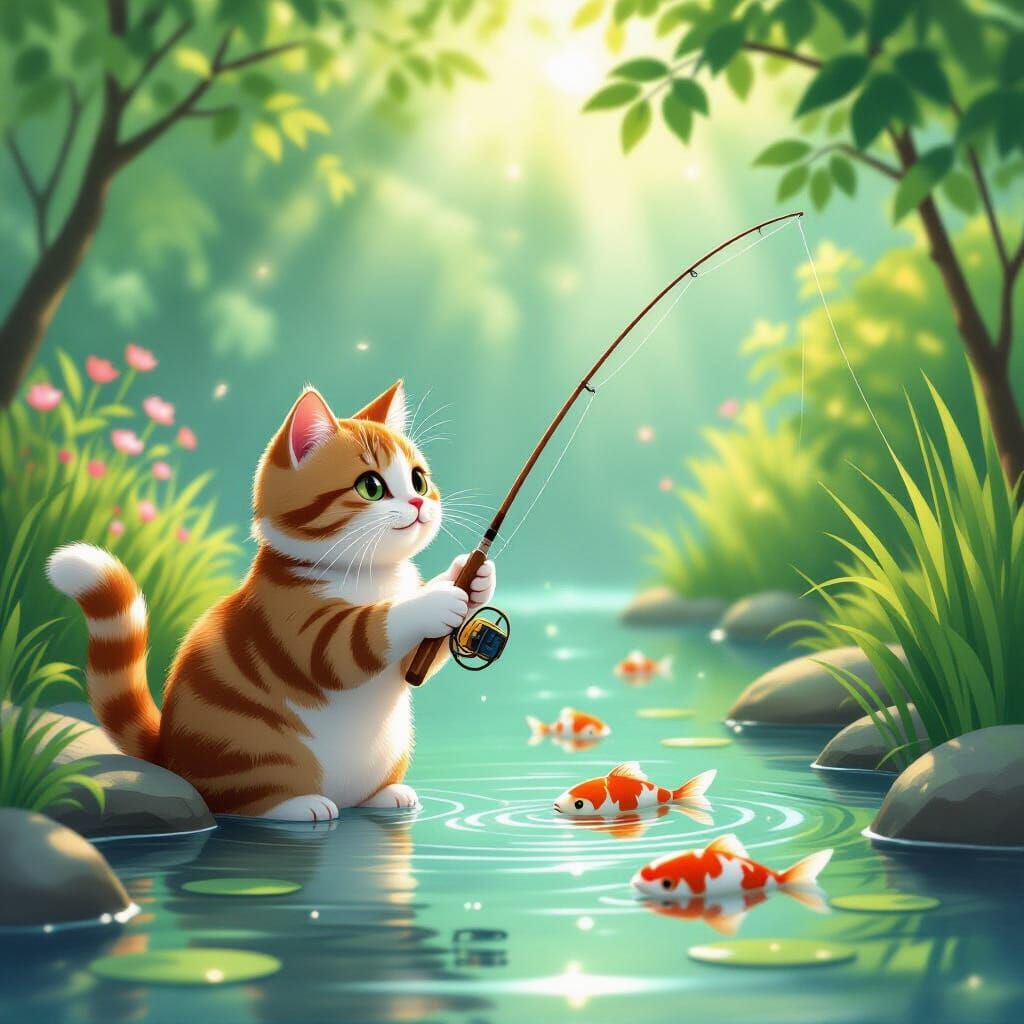 Whimsical Cat Fishing for Koi in Garden Pond