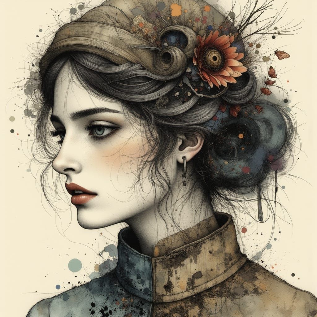 Elegant Portrait Blends Watercolor Art with Glitching Digita...