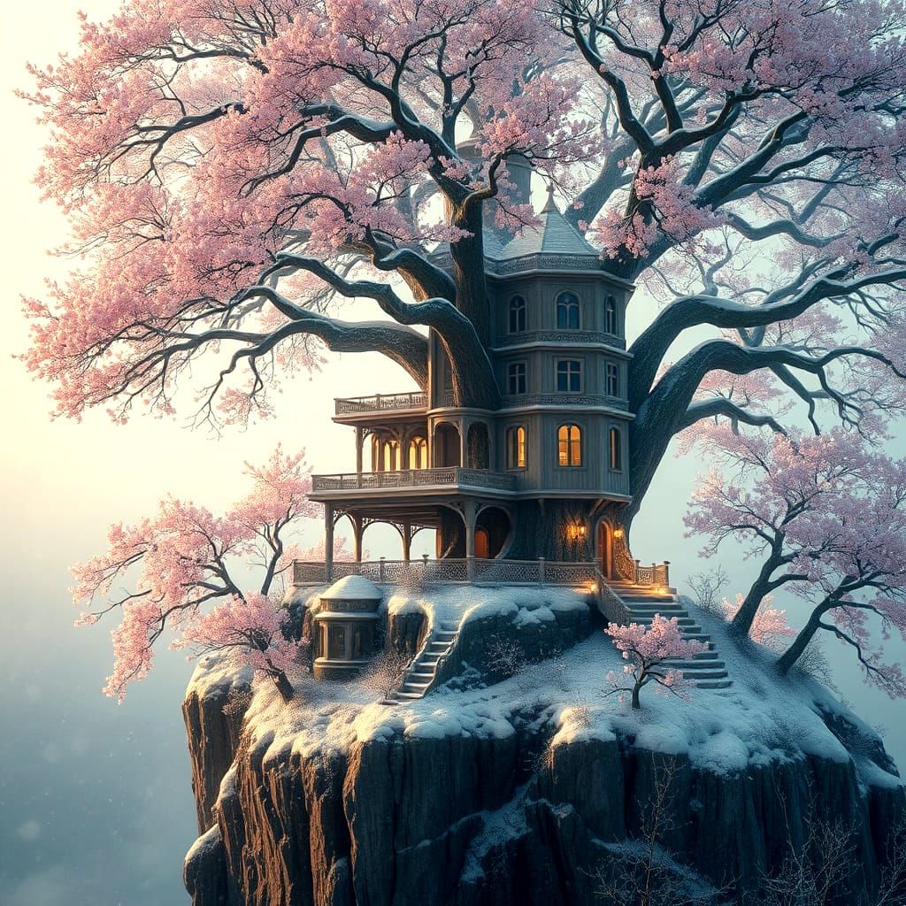 Winter Cherry Blossom Treehouse in Ornate Detail