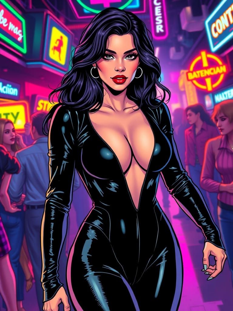 Lady in Shimmering Latex Suits Up for 80s Nightclub Scene