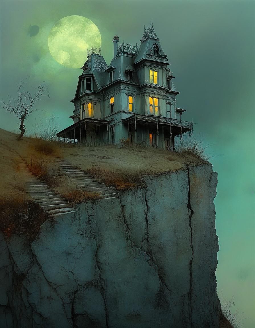 Otherworldly Victorian House on a Cliff in Alcohol Ink Style