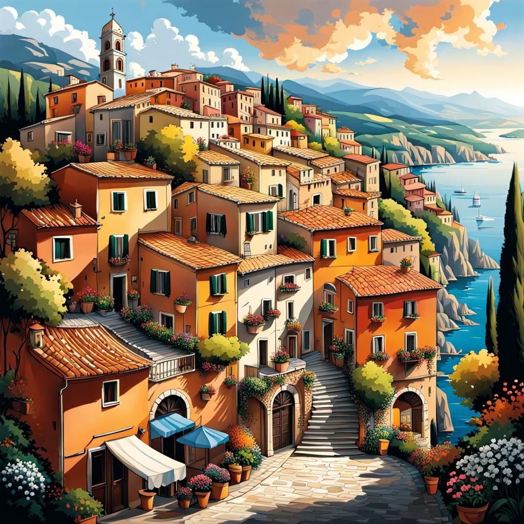 Schematic Black and White Italian Town Landscape