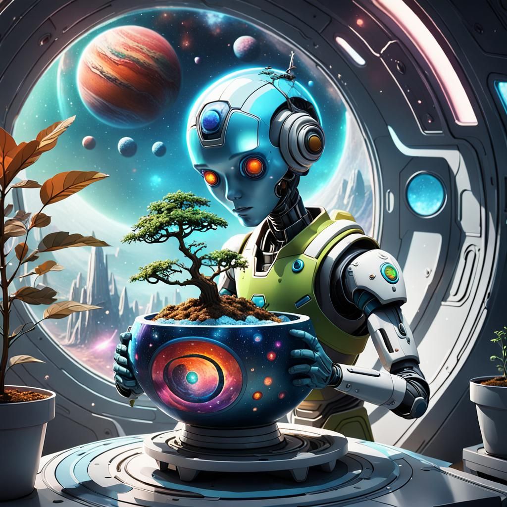 Cosmic Android Planting Tree on Spaceship: Anime Style