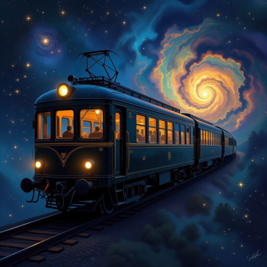 Vintage Train Journeys Through Cosmic Nebula