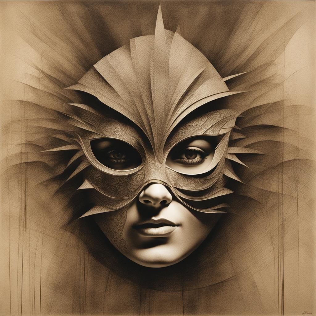 Masked Woman: Sepia Art Illusion in Abstract Style