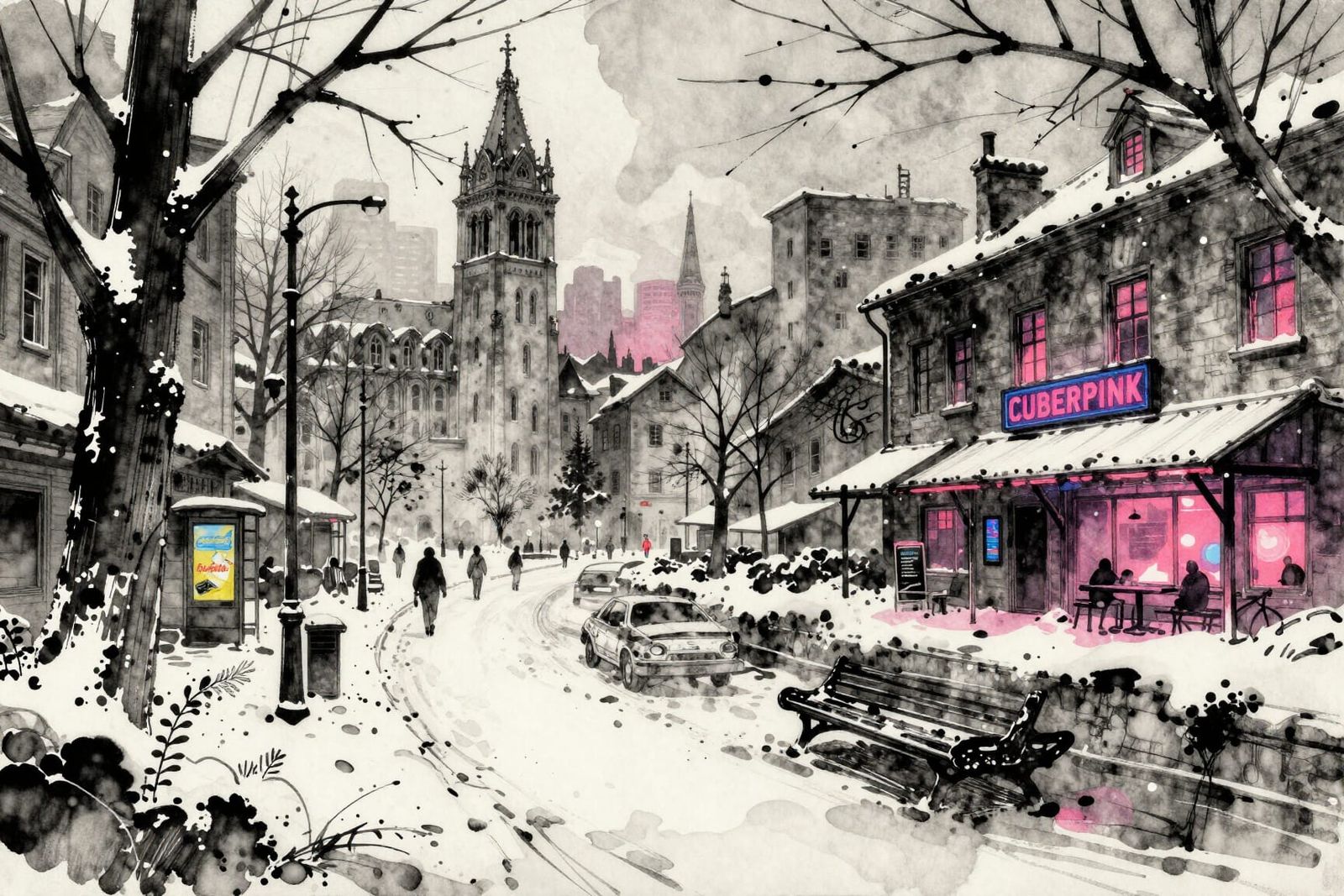Cyberpunk Winter Wonderland in European Ink Art Style