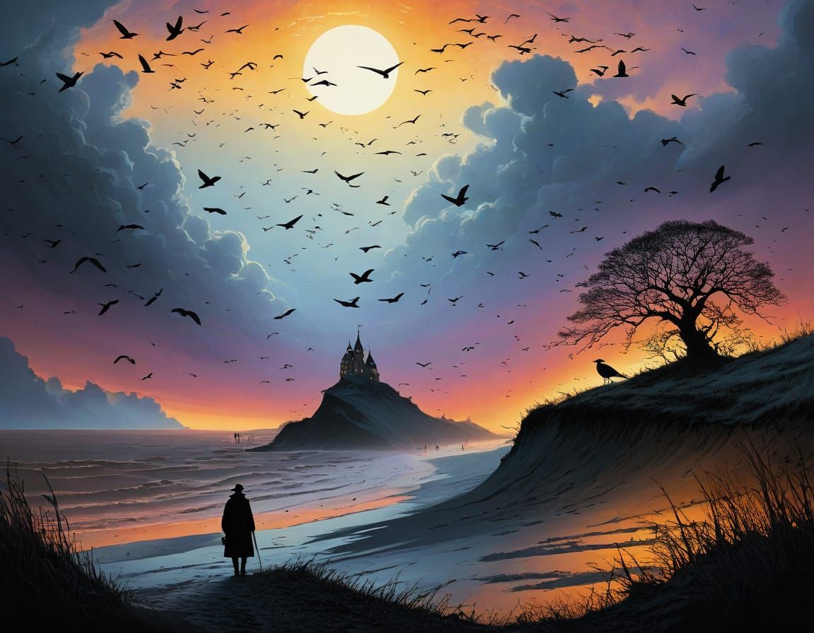 Sunset Beach Walker in Graphic Novel Style