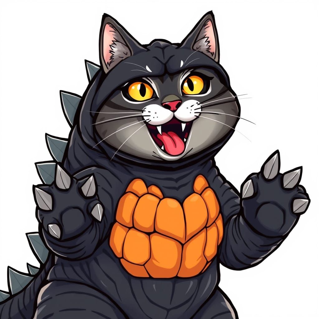 Mischievous Cat in Miniature Godzilla Costume