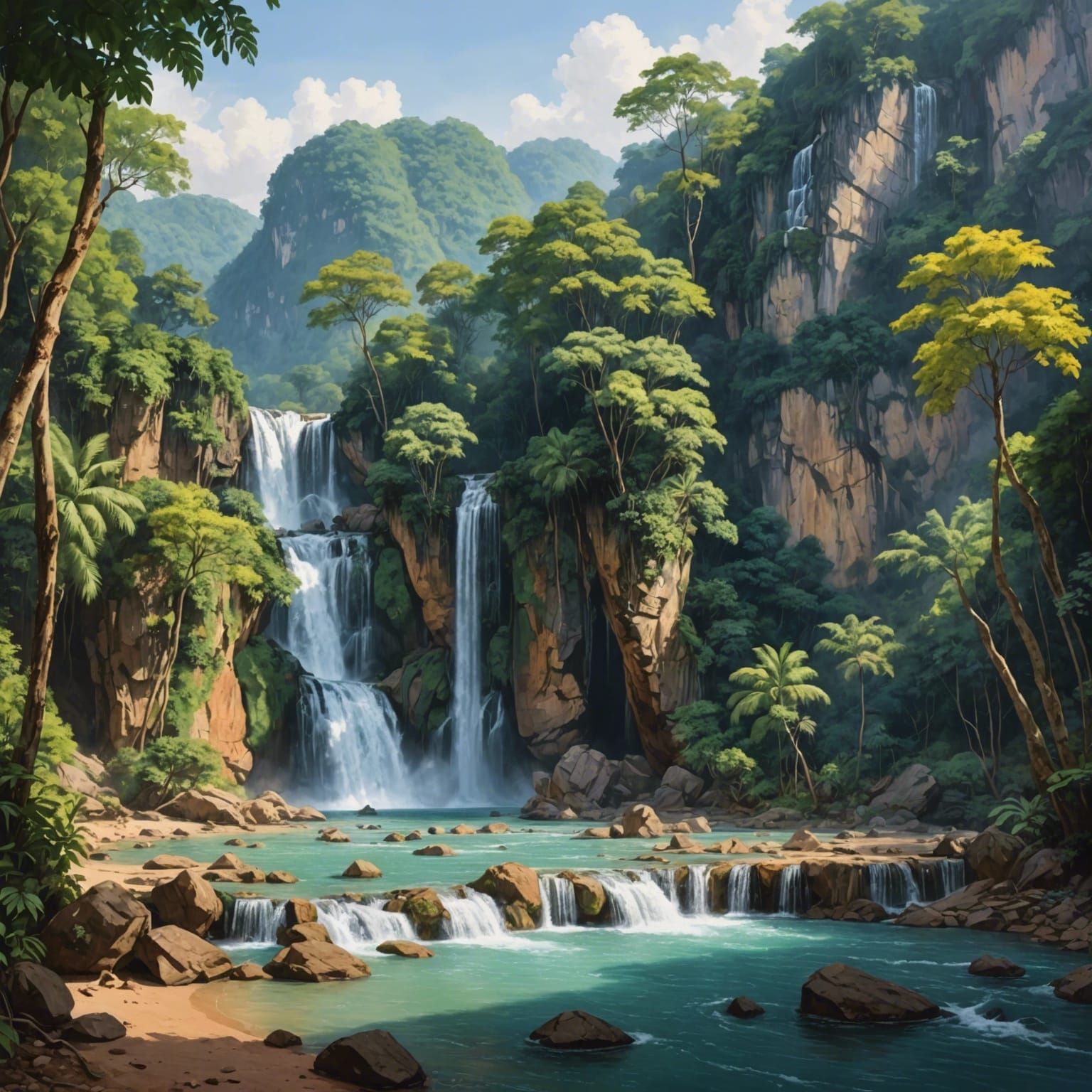 Colorful Drawing of Tat Kuang Si Waterfalls