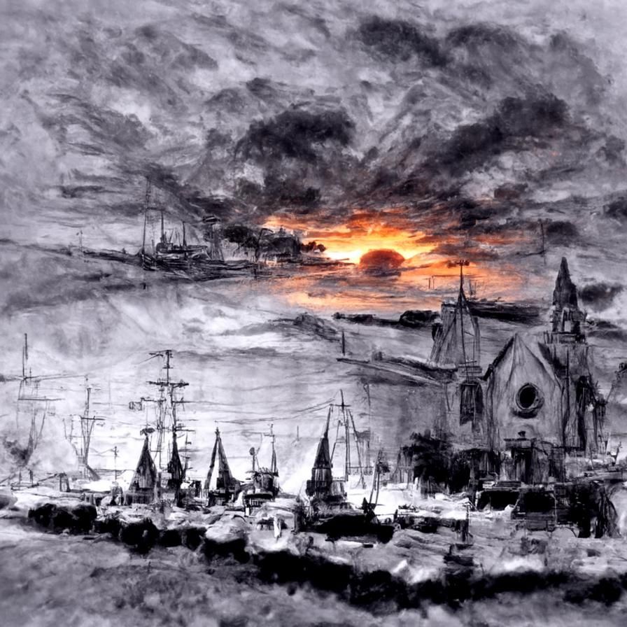 18th Century Harbor Sunset: Hyperdetailed Charcoal Oil Paint...