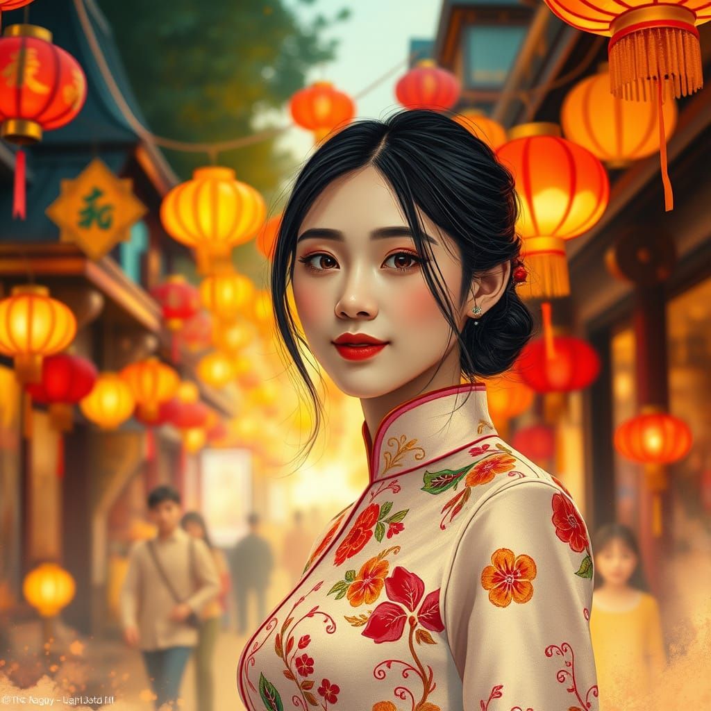 Vietnamese Beauty in Lantern-Lit Street Scene