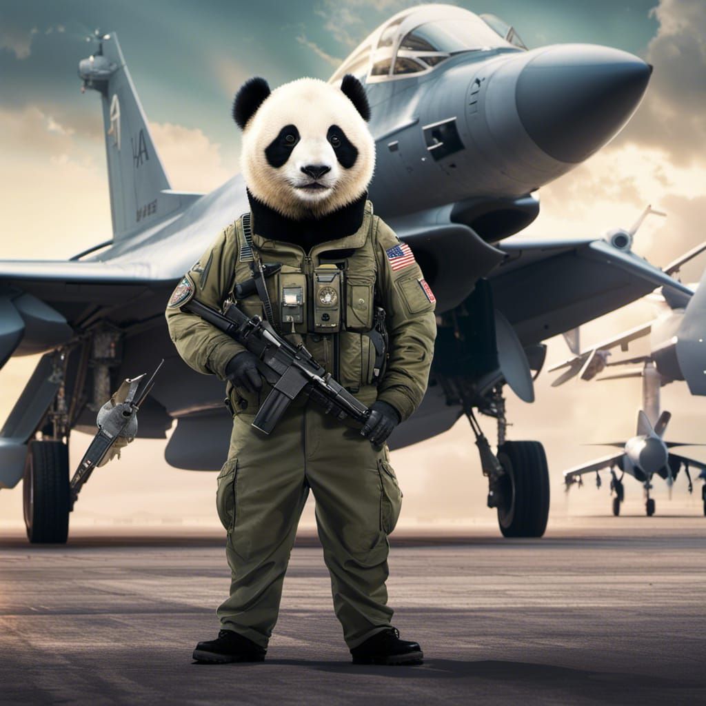 Panda in Air Force Uniform, Detailed Digital Painting