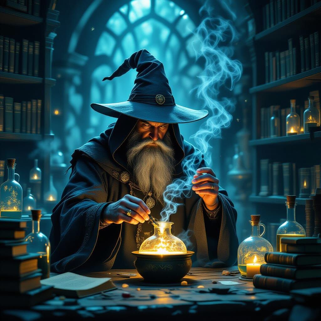 Wizard Crafts Potion in Shadowy Lab - Dark Fantasy Illustrat...