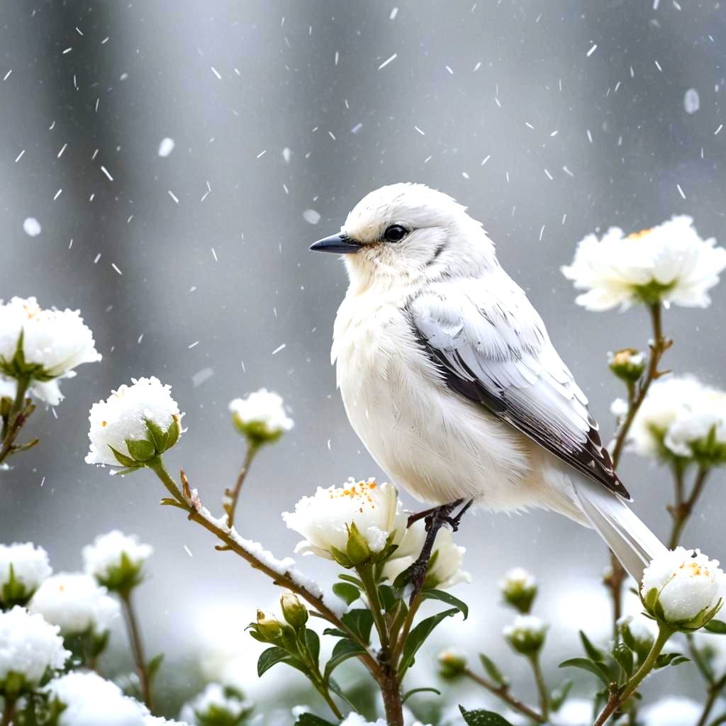 White Bird on Flower in Snow, Bioluminescent Photography