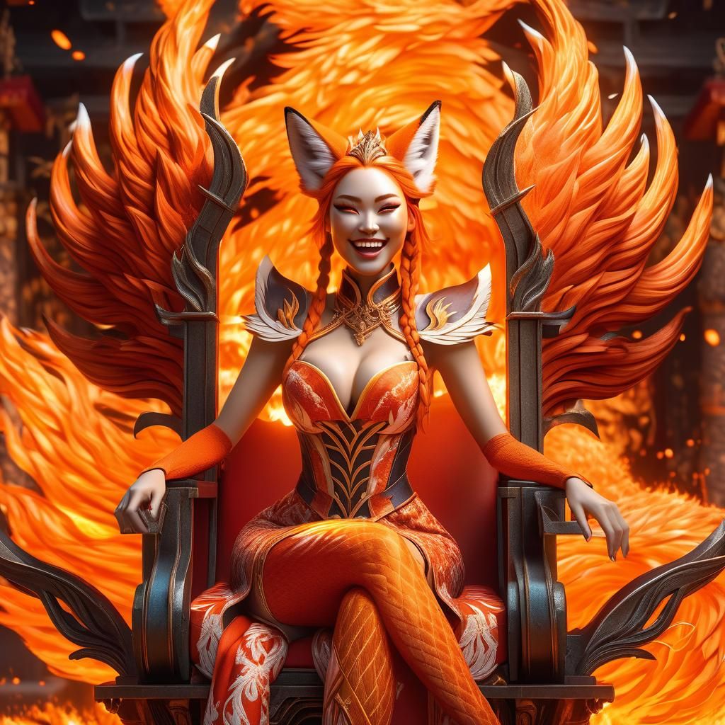 Fiery Kitsune Queen on Throne with Phoenix