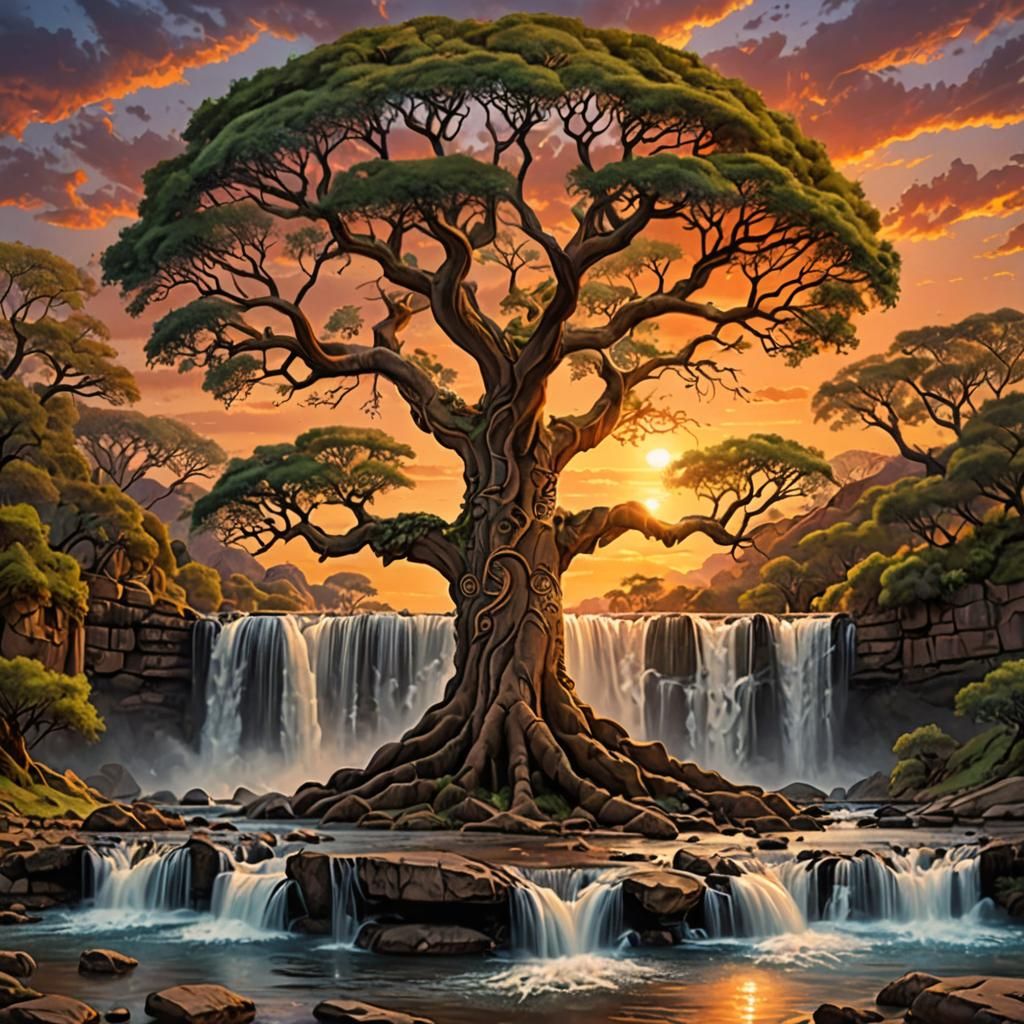 Tree of Life by Waterfall at Sunset