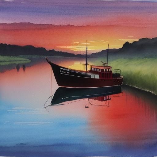 Sunset Reflection in River: Watercolor Pen and Ink