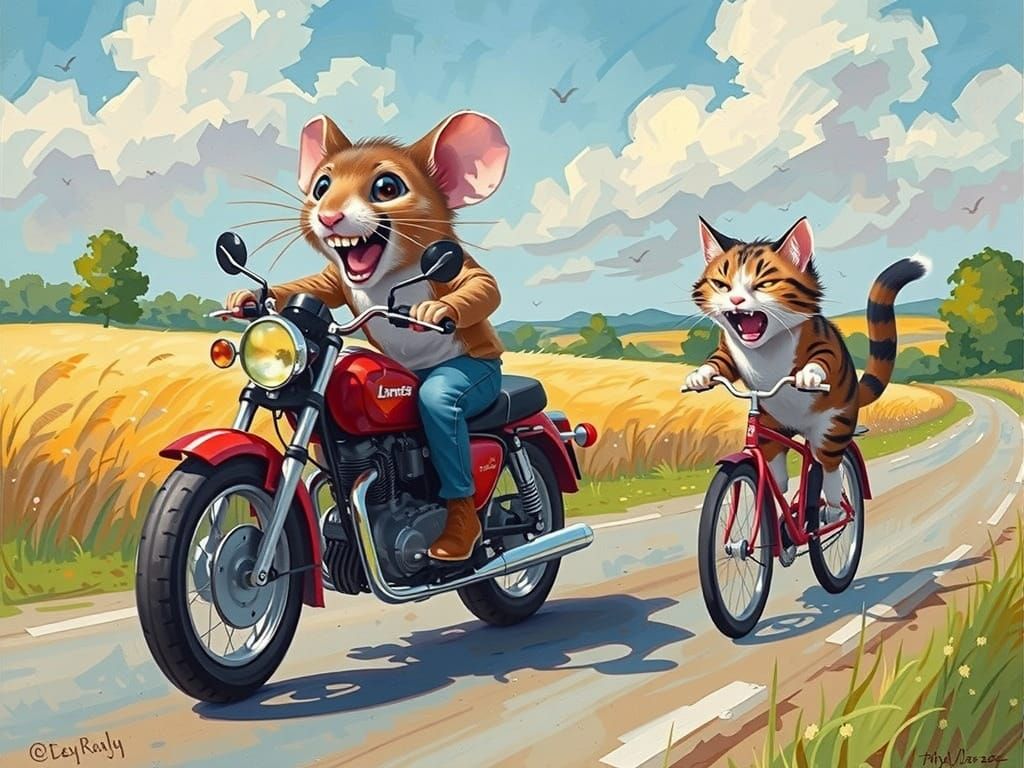 Mouse on Motorcycle Overtakes Cat on Bicycle