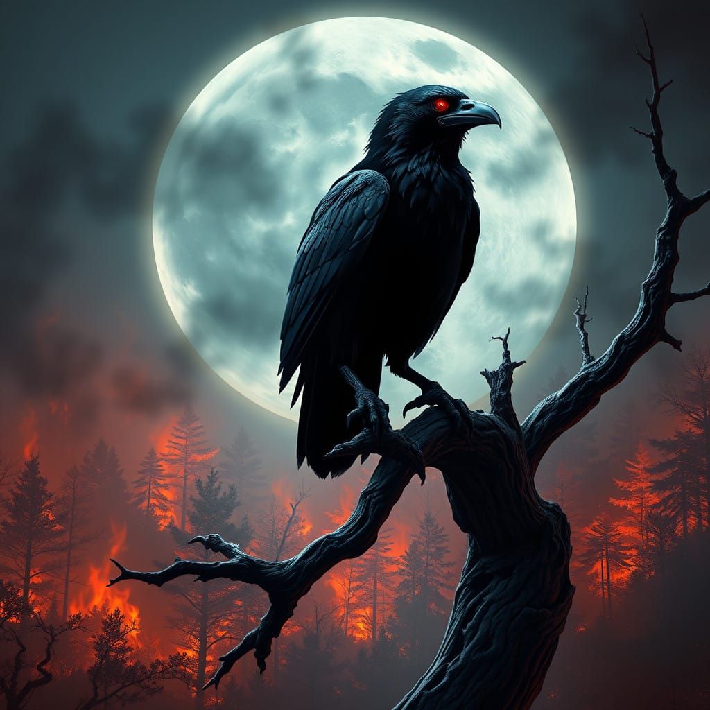 Majestic Raven Silhouetted Against Burning Forest