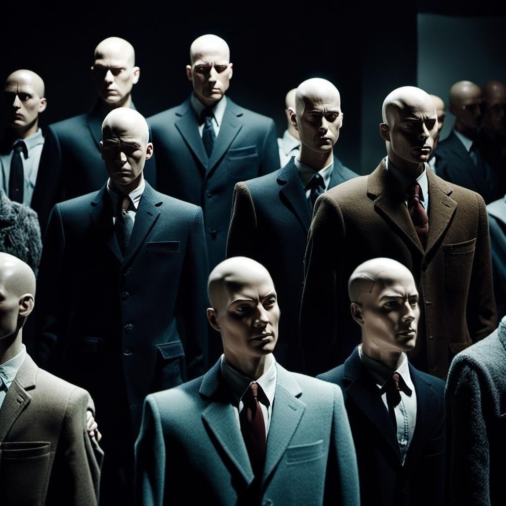 Bald Mannequins in Crowded Space: Cinematic Film Still
