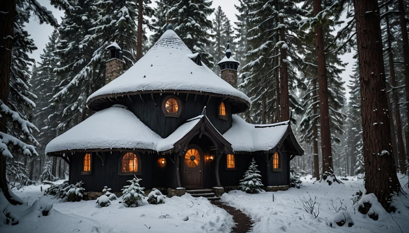 Elven Cottage in Snowy Pine Forest