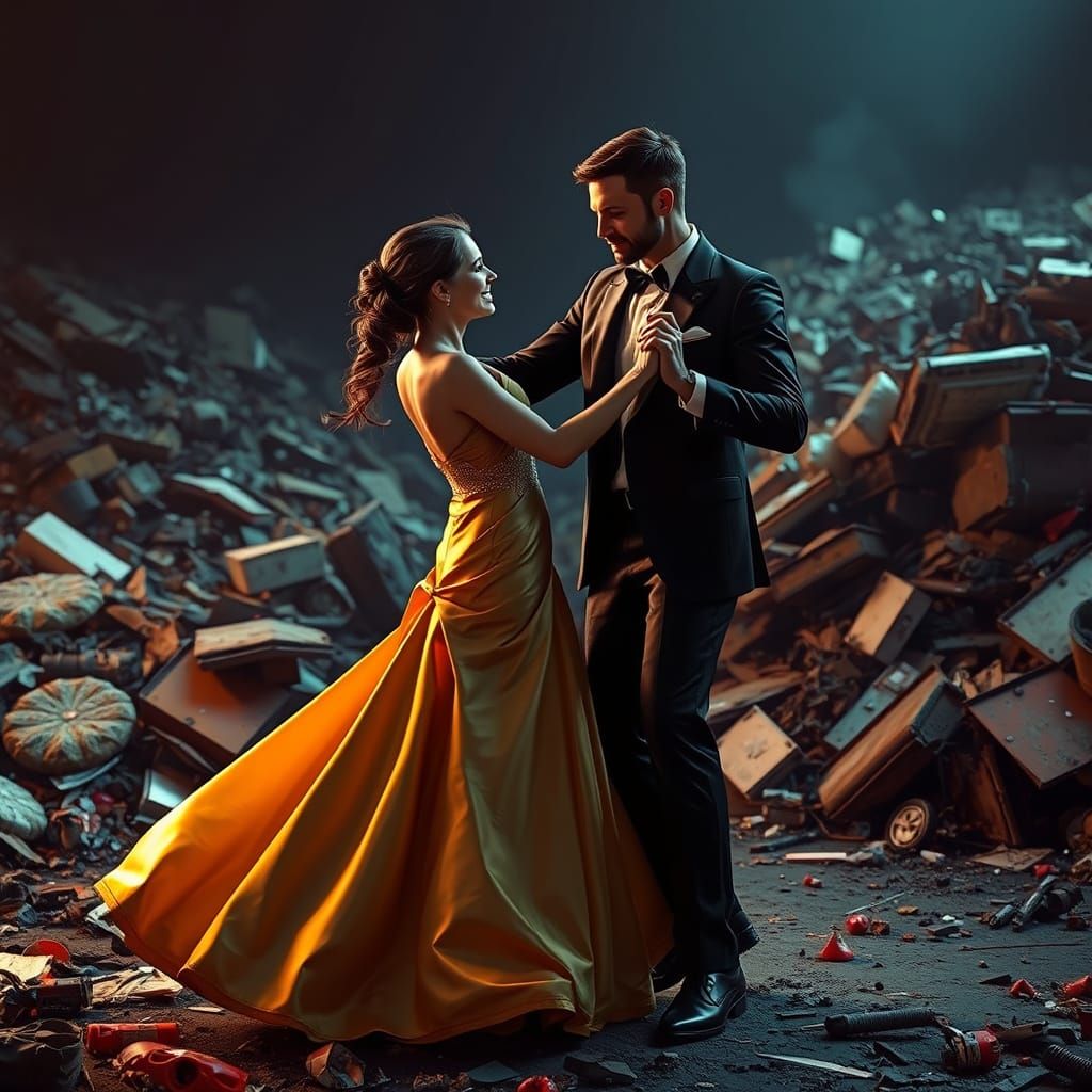 Dramatic Nighttime Dance in a Futuristic Garbage Dump Scene