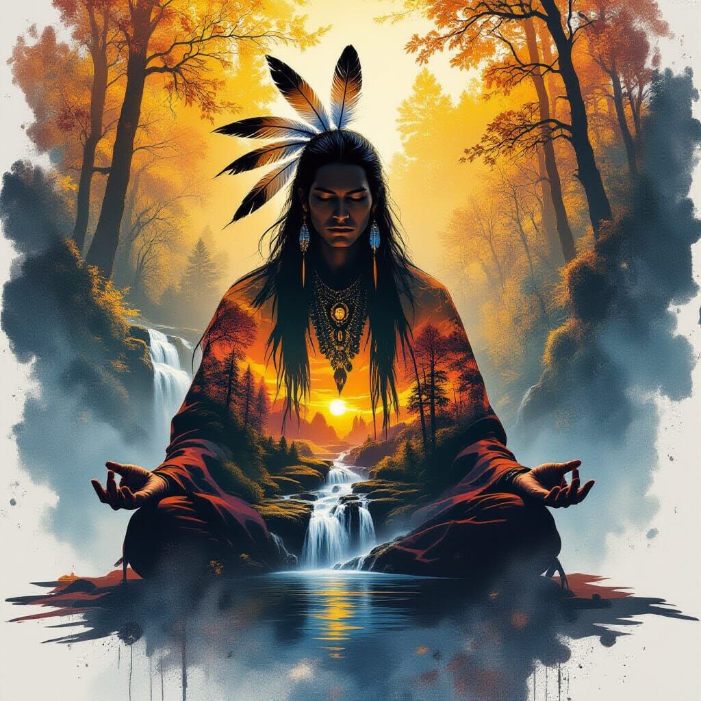 Native Spirit Guide in Autumn Forest Double Exposure