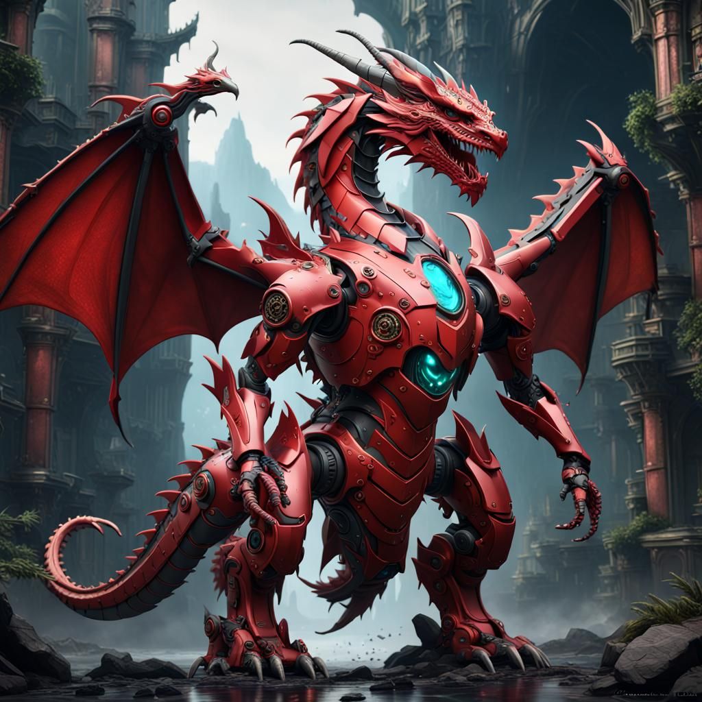 Red Robot Dragon in Detailed Digital Painting