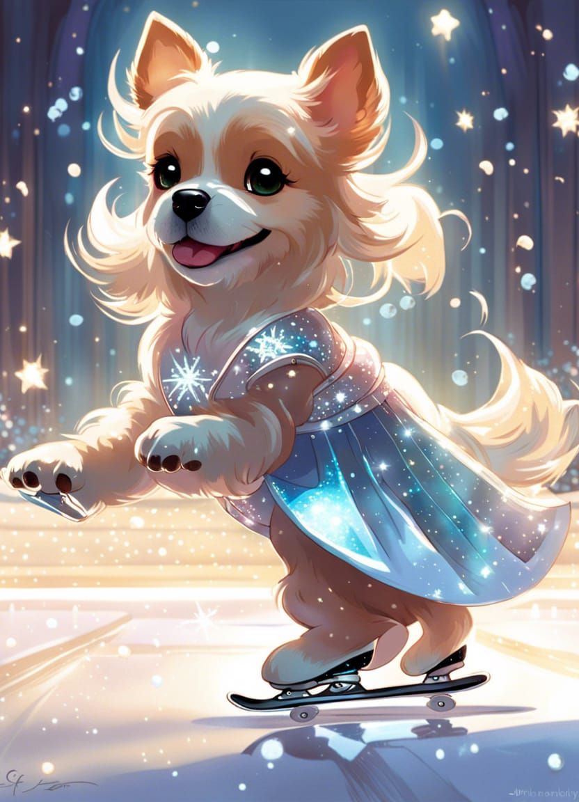 Adorable Dog Ice Skating in Digital Art Style