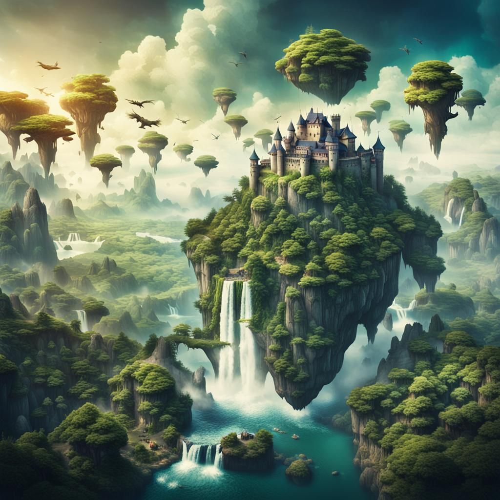 Floating Islands with Castles and Waterfalls
