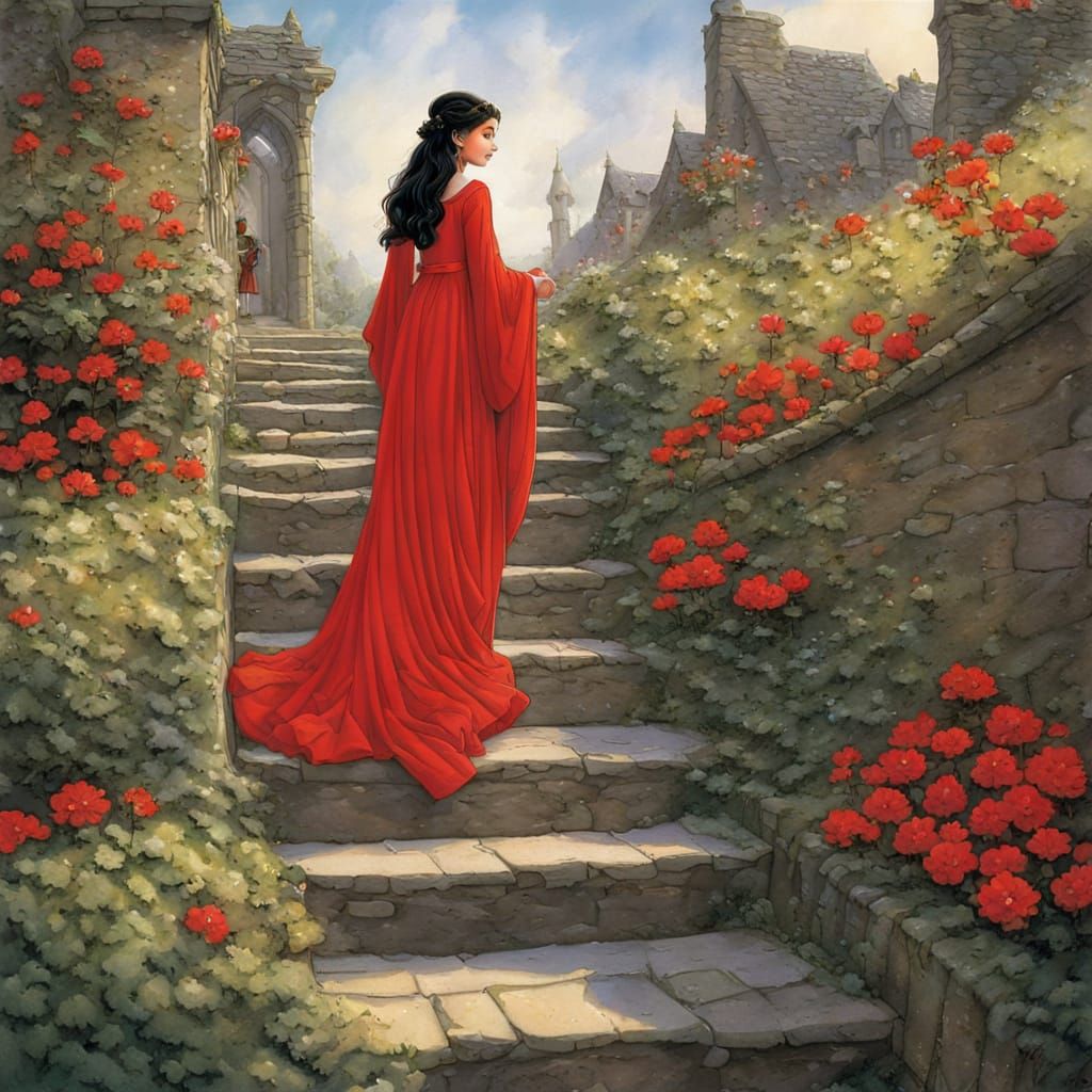 Beautiful Cartoon Girl Descends Stairs Amidst Vibrant Floral...