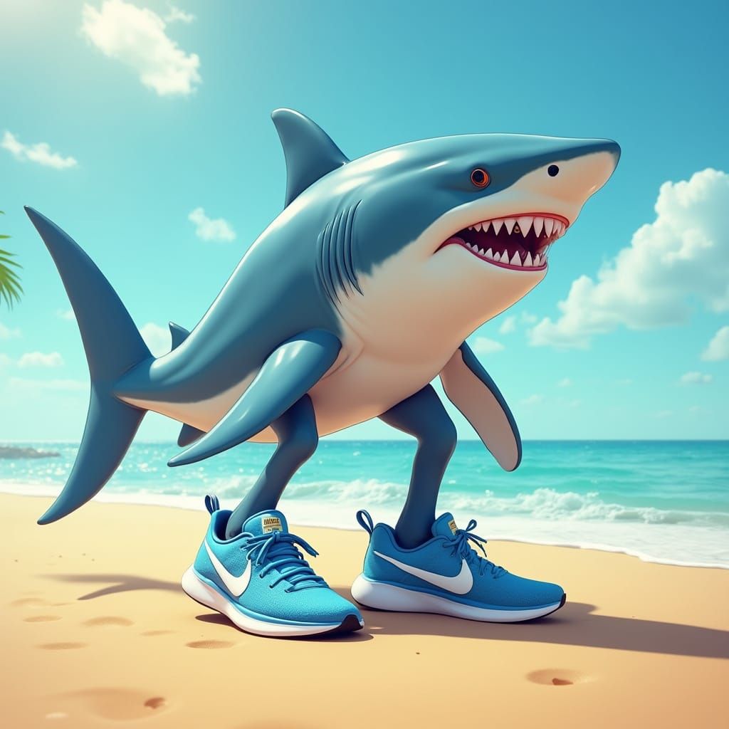 Shark on Beach Wearing Nike Shoes: Photorealistic Art