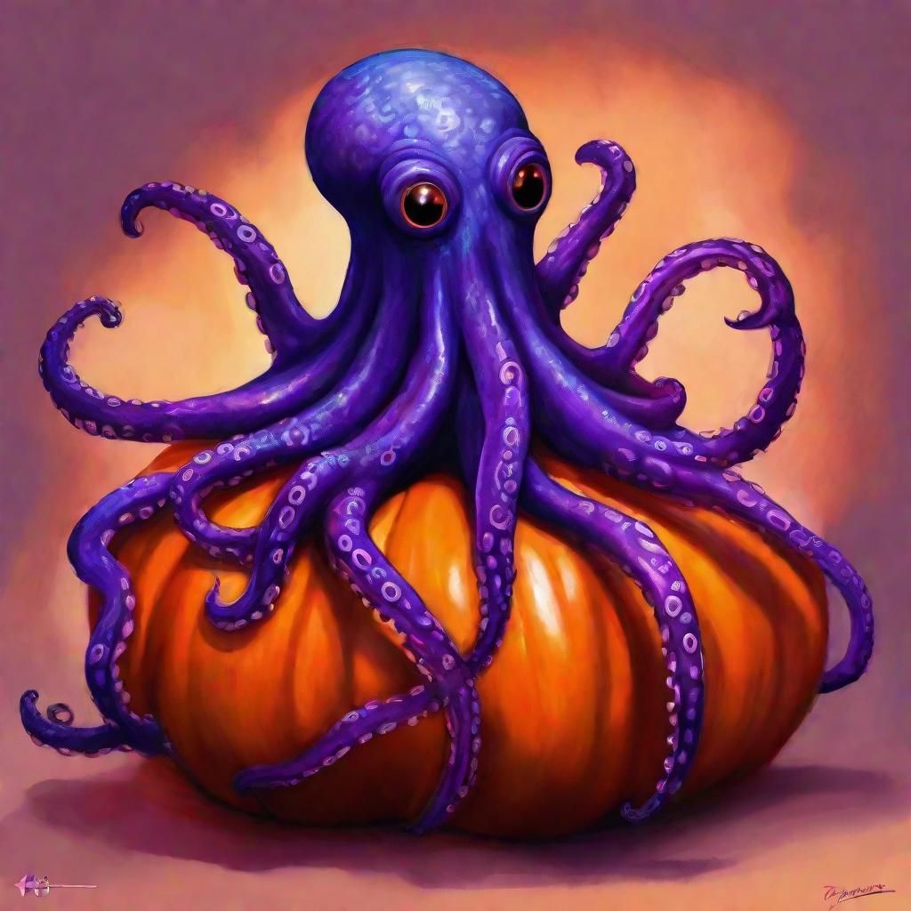 Octopus in Tarantula Costume on Pumpkin, Digital Painting