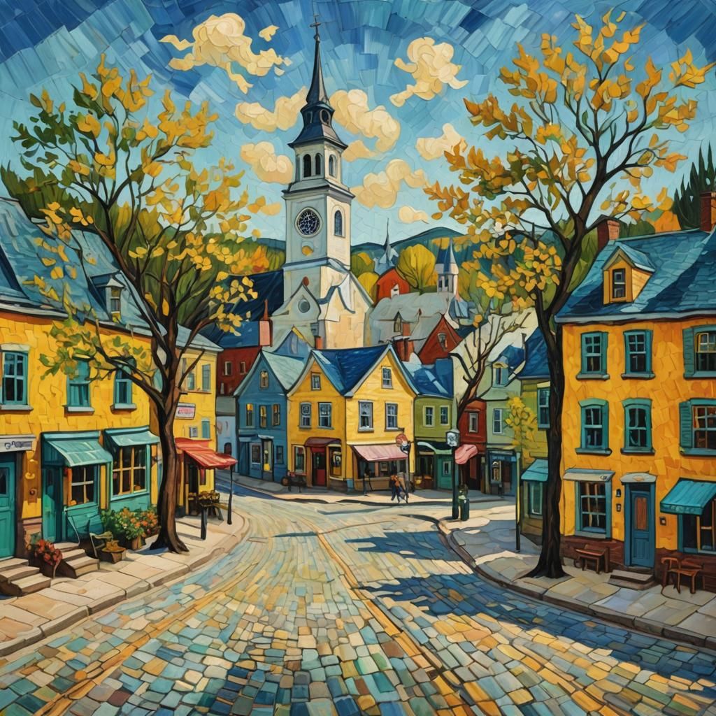 New England Town Square in Neo-Impressionist Style