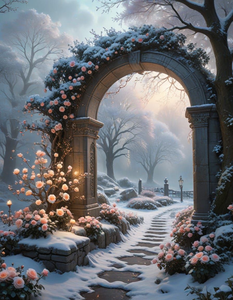 Ethereal Fantasy Tree with Crystal Roses in Winter