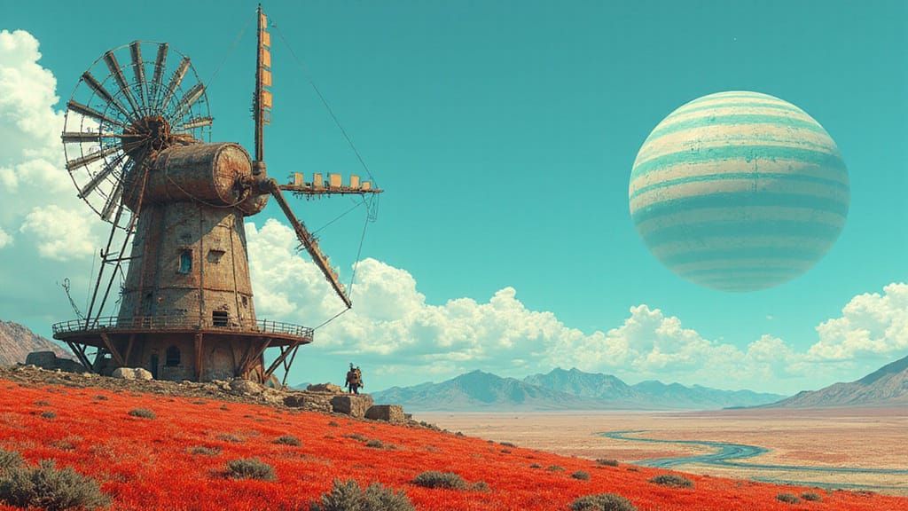 Steampunk Windmill on Red Hill Under Gas Giant