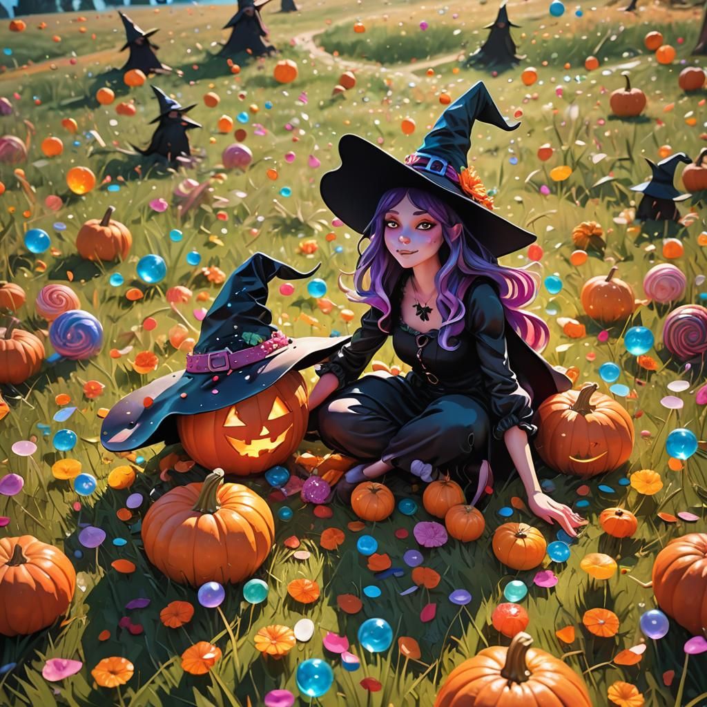 Whimsical Witch and Pumpkin in Candy Art Style